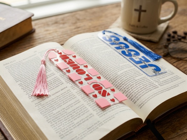 A pink heart-patterned bookmark and a blue Jesus bookmark lying across an open Bible.
